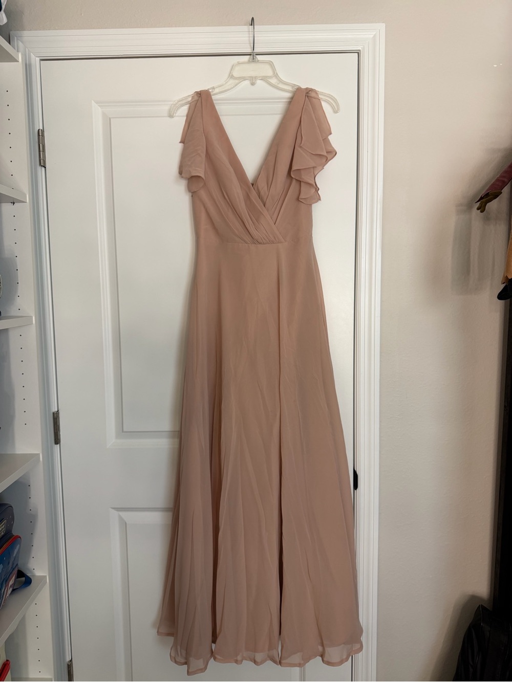 David’s Bridal Elegant V-Neck Flutter Sleeve Maxi Dress in Blush